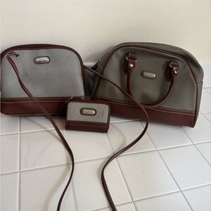VINTAGE Esprit Grey Canvas Brown Leather Trim Bag Set